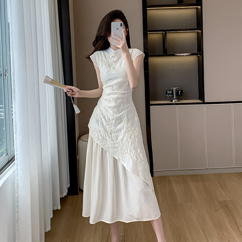 2025 New Chinese embroidered stand-up collar dress for women's summer new waist irregular Chinese style improved long skirt