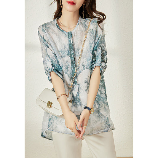 2025 Pure hemp shirt Mori-printed new Chinese style loose version cardigan temperament shirt top  summer women's clothing