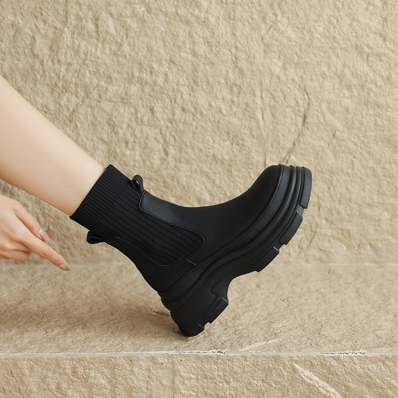 2025  Platform short boots women's autumn and winter popular new British wind wool muffin bottom boots small elastic boots