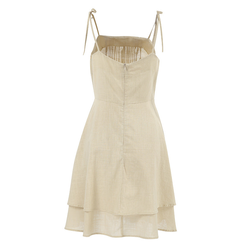 2025 Summer classic suspender fashionable solid color cotton and linen breathable cascade ruffle edge casual dress  short skirt women