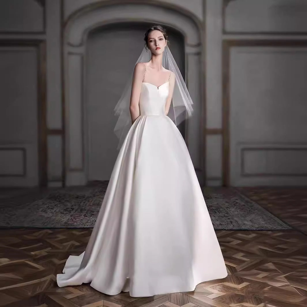 2025 suspender light wedding dress  new high-end light luxury bridal temperament going out yarn satin banquet dress skirt women