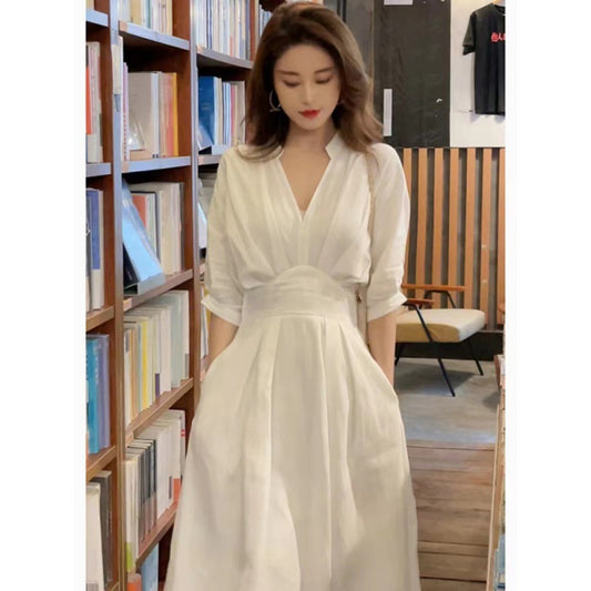 2025 New high-end niche design long dress  gentle wind temperament white shirt dress children's summer