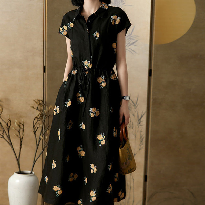 2025 All silk hydrangea embroidery, fragrant cloud yarn dress mulberry, silk skirt medium and long small black dress women's clothing summer