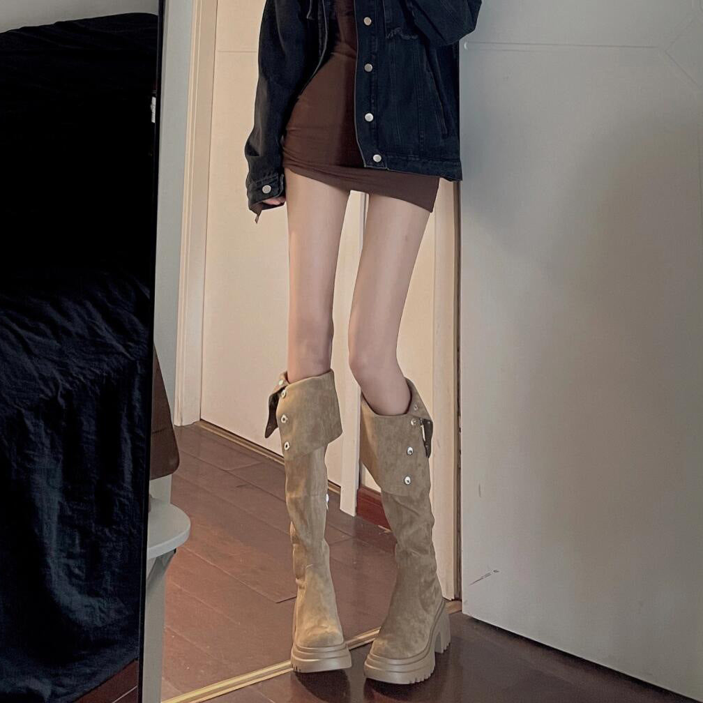 2025 Small inner height increase over the knee boots Children's Maillard autumn and winter new thick-soled two-wear folding boots