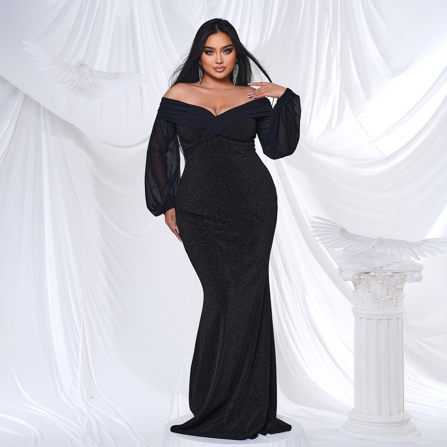 2025 Popular trade  large-size women's clothing long-sleeved V-neck banquet sexy hip-wrapped fishtail evening dress dress