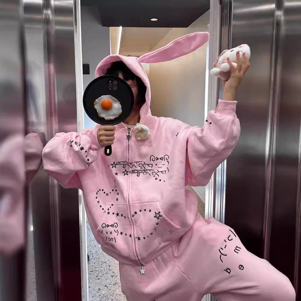 BENPAOLV Cross-border new American cute lop-eared rabbit ears loose casual sweet cool hooded long-sleeved jacket top