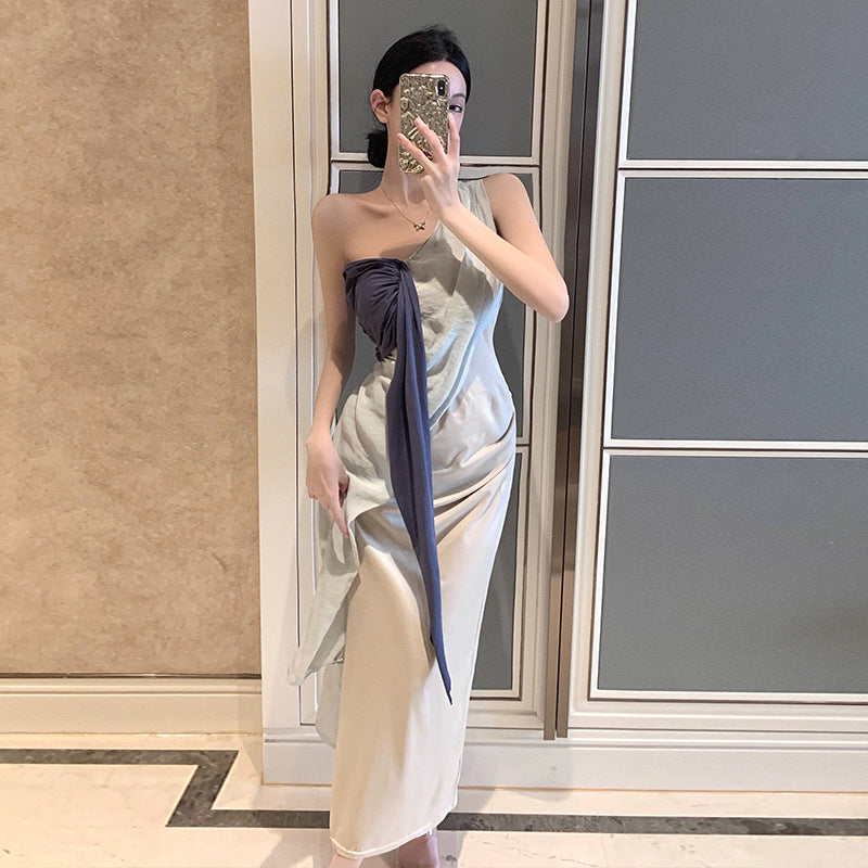 2025 Exotic retro streamer shoulder dress women's design pleated chic long dress seaside vacation beach dress