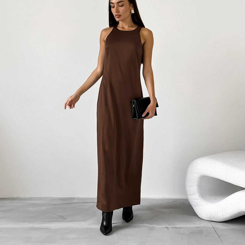 2025 Summer retro classic matte satin slim-fit round neck sleeveless straight skirt versatile Russian casual dress women