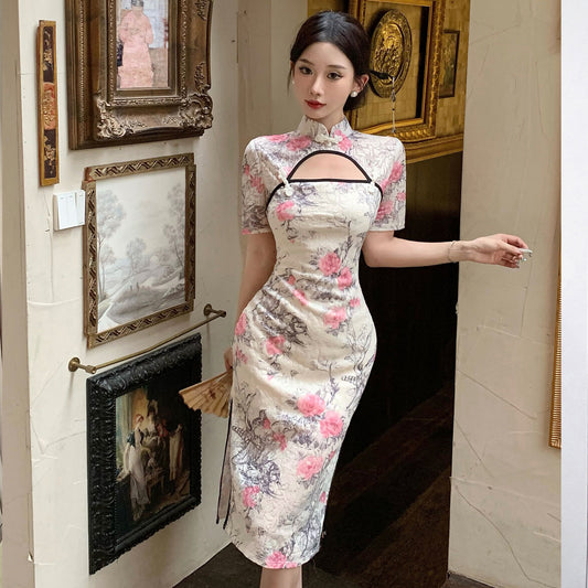 Hollow print socialite women's clothing 2025 new Chinese-style young modified cheongsam sexy split temperament dress