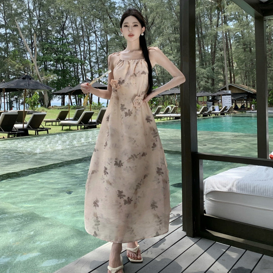 2025 New Chinese style zen floral suspender dress women's summer temperament socialite retro slim printed holiday long skirt