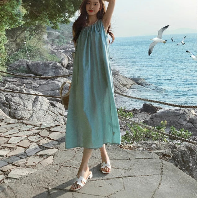 2025 summer Sanya travel wear holiday dress seaside beach skirt women's summer sleeveless neck suspender skirt