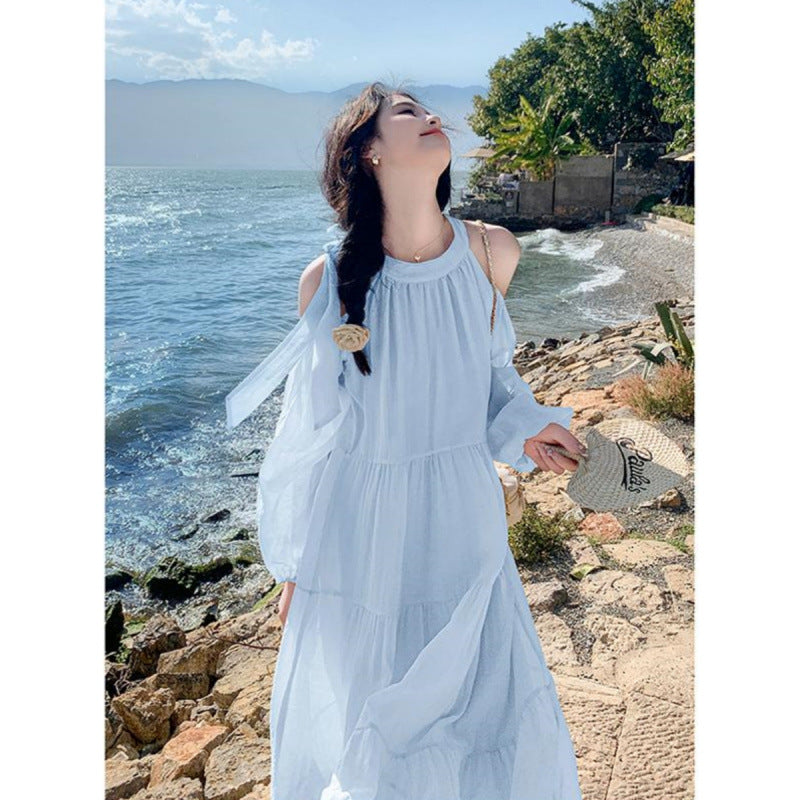 2025 Seaside vacation dress women's summer  new sweet gentle wind  temperament beautiful off-the-shoulder beach dress