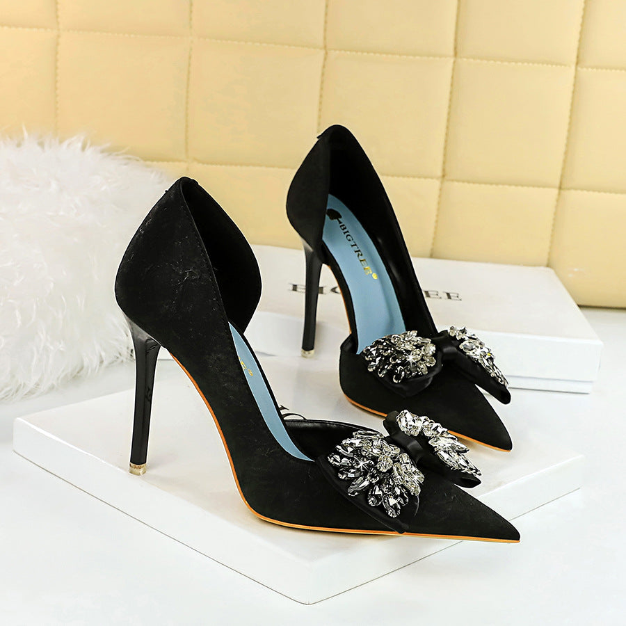 2025 6168-H3  high heels, thin heel, shallow mouth, pointed side hollow cloth surface, super high heel rhinestone bow shoes