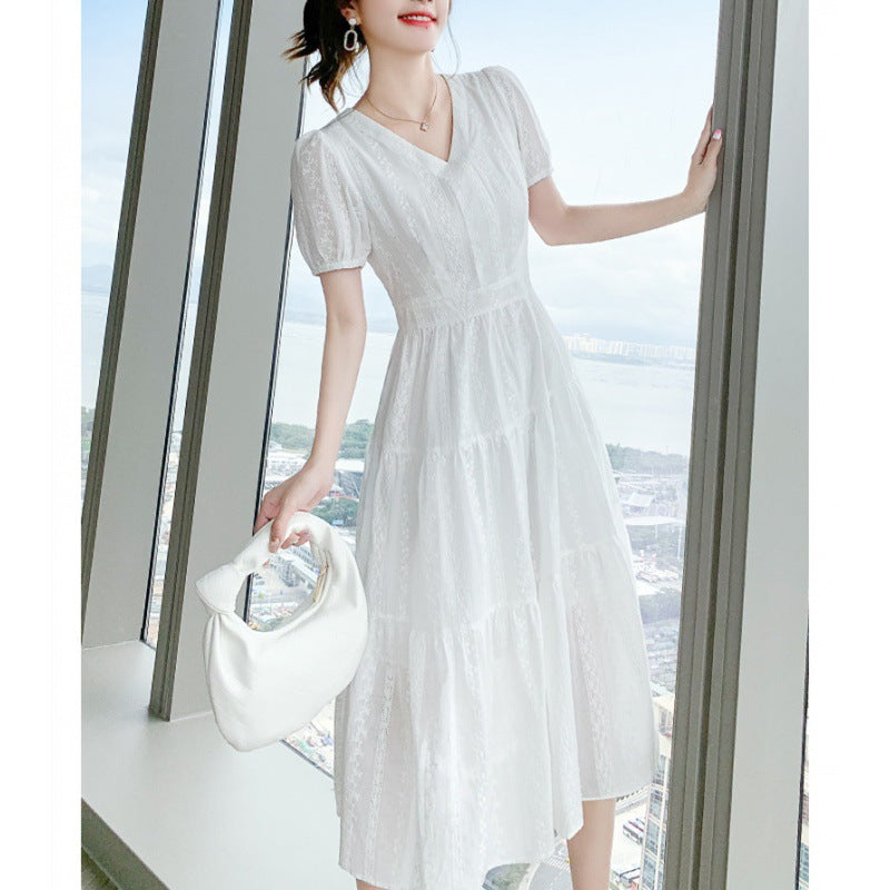 2025 summer new embroidered long skirt  new temperament V-neck slim and thin dress woman