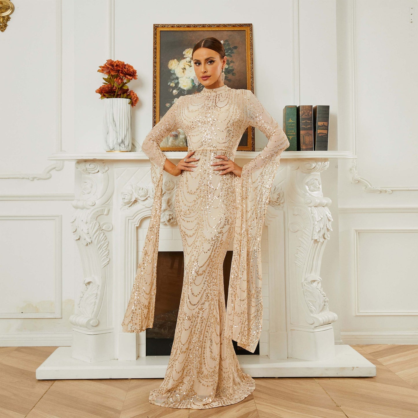 2025 high-end temperament sexy long sequins long sleeves crew neck banquet evening dress bridesmaid dress women