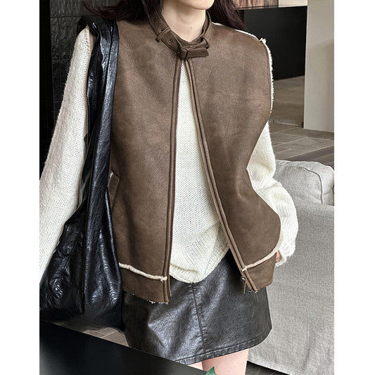 2025 popular autumn new top retro stand-up collar sleeveless vest vest loose warm jacket 8023-1