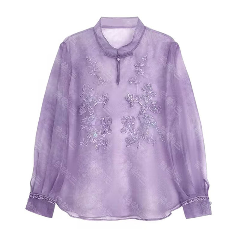 2025 spring clothing national style new design shirt mulberry silk temperament stand-up collar buckle embroidered top women's N2075