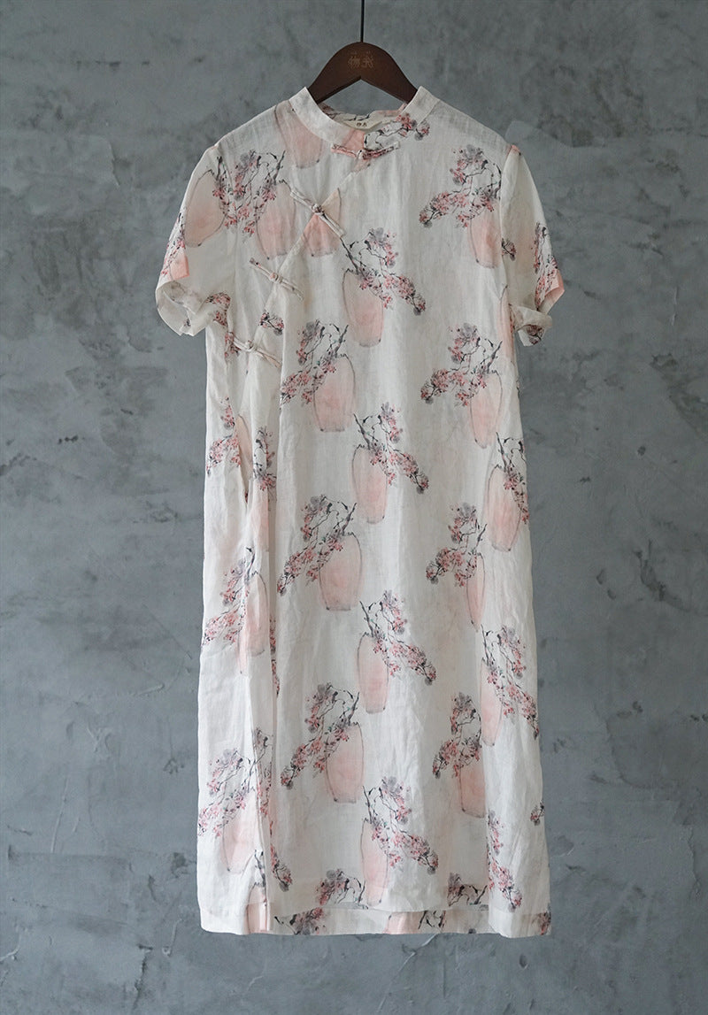literary and artistic light Chinese style printed ramie cheongsam retro Republic of China thin and versatile dress L21088