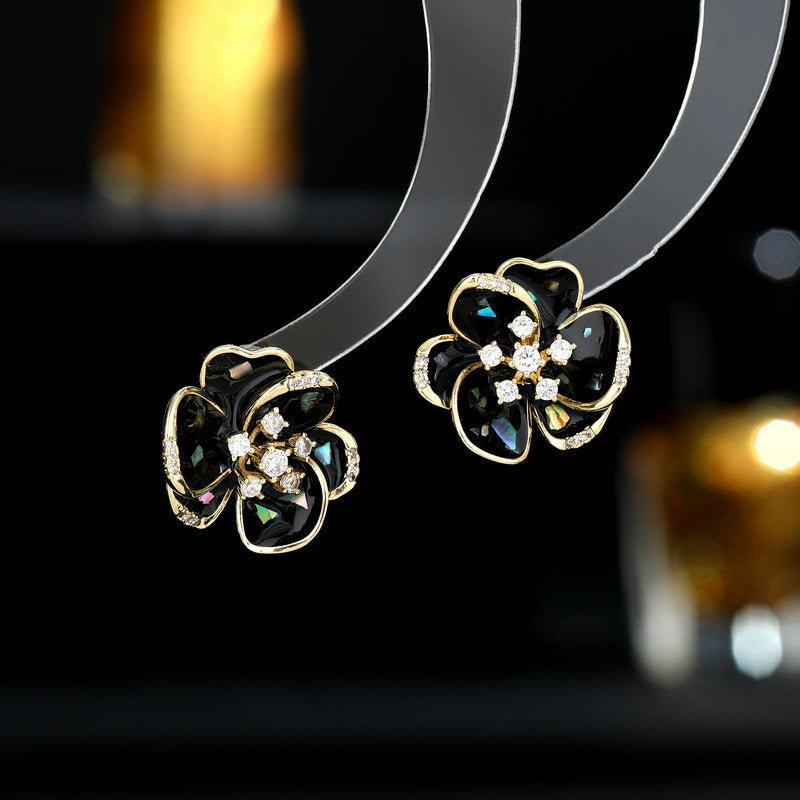 2025 S925 silver needle niche flower earrings trendy fashion commuting daily wear zircon drip oil three-dimensional camellia stud earrings