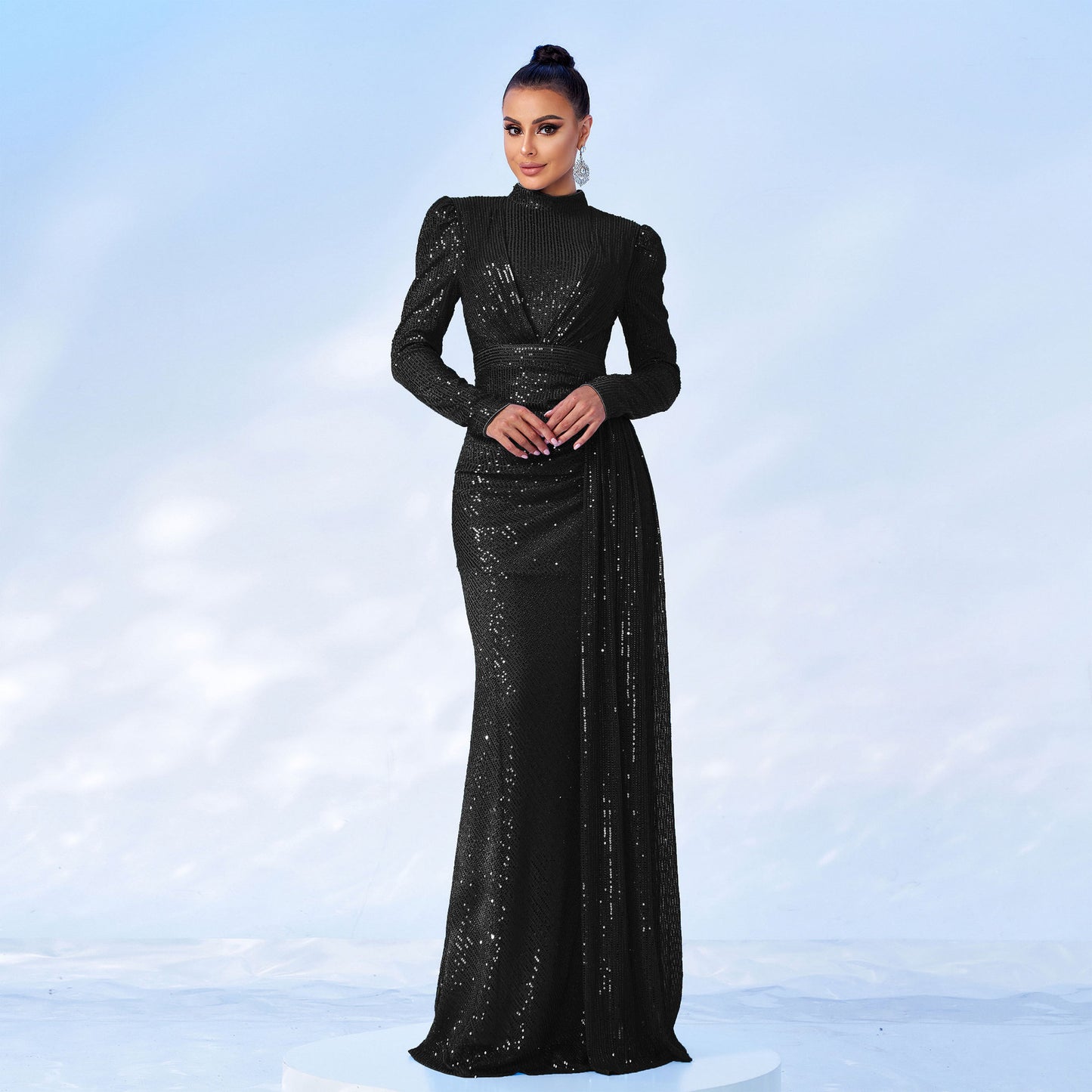 2025 evening dress long-sleeved temperament round neck sexy slim-fitting long sequined banquet bridesmaid dress women