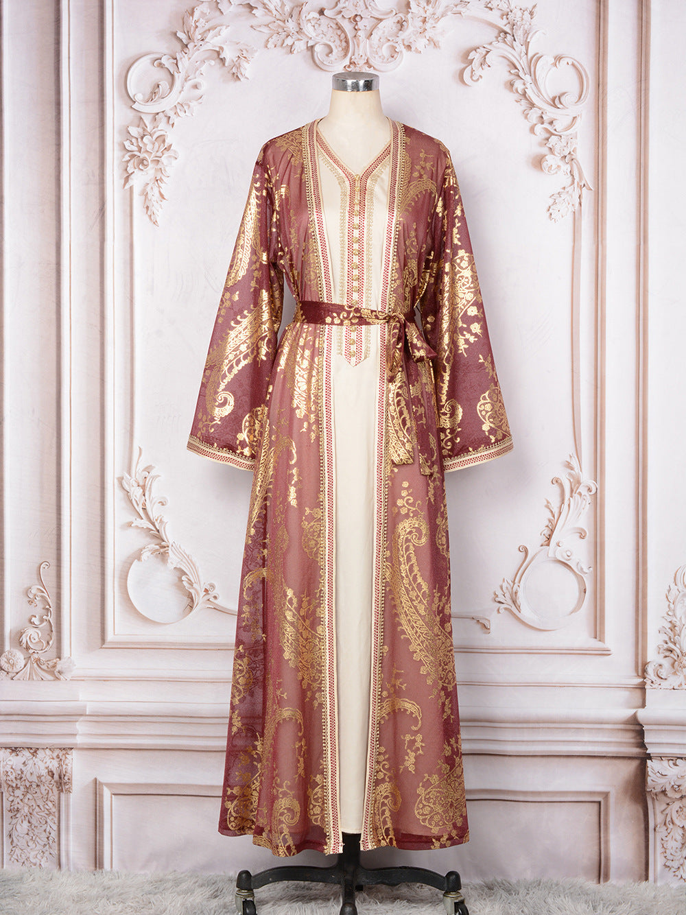 MT212 Middle East robe V-neck cardigan muslim two-piece set bronzing dress Muslim Popular trade suit dress
