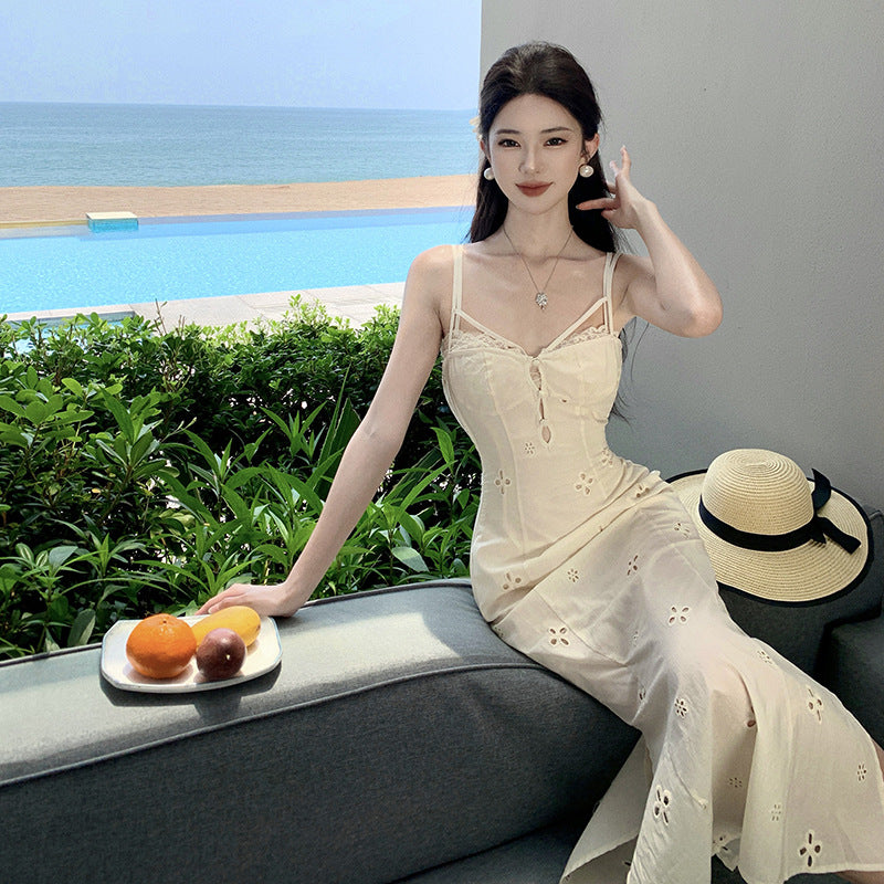 2025 pure desire style niche lace hollow sexy design two-piece dress women's summer vacation suspender dress