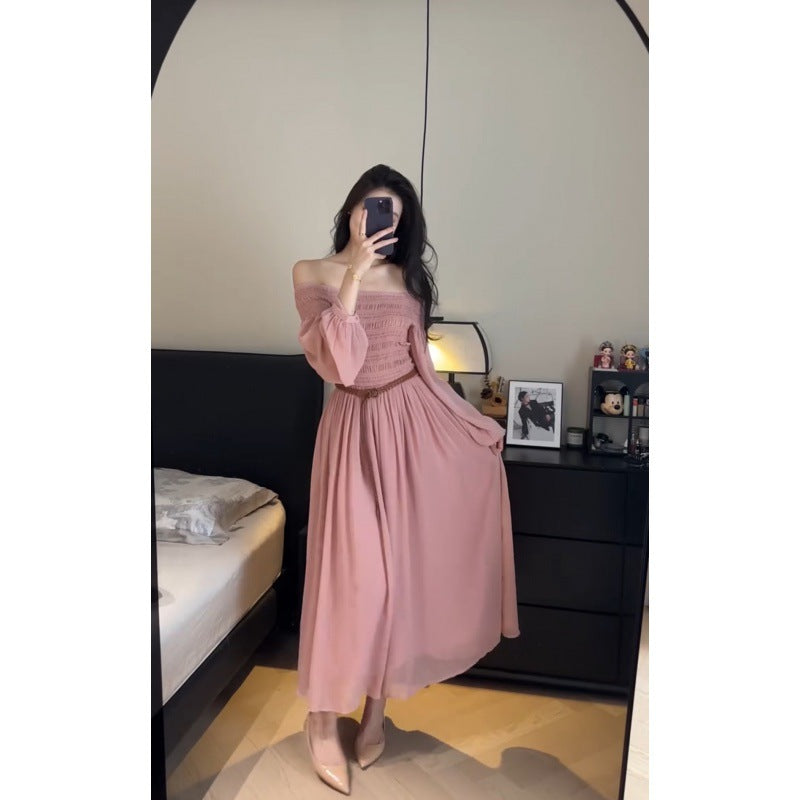 2025 Zhao Ruth same dress women's  autumn  one-word shoulder high-end bubble sleeve star pink dress