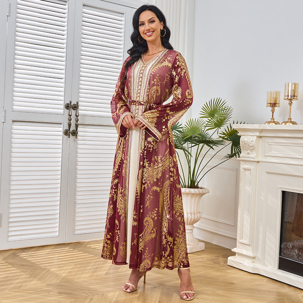 MT212 Middle East robe V-neck cardigan muslim two-piece set bronzing dress Muslim Popular trade suit dress