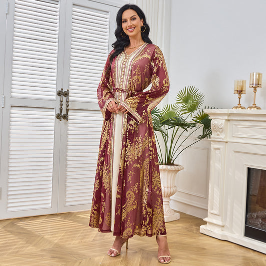 MT212 Middle East robe V-neck cardigan muslim two-piece set bronzing dress Muslim Popular trade suit dress