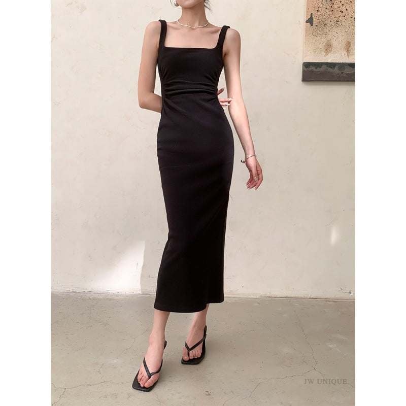 2025 Temperament white suspender dress slim-fitting summer new square collar  waist niche long skirt women's clothing