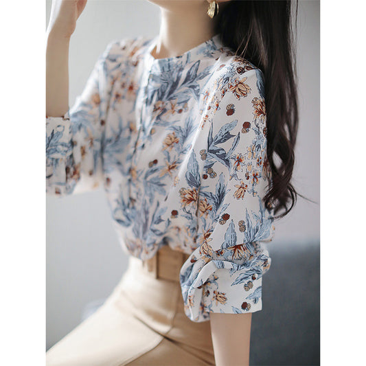 2025 Heavy double crepe mulberry silk printed shirt, floral print stand-up collar long-sleeved single-breasted silk cardigan top women
