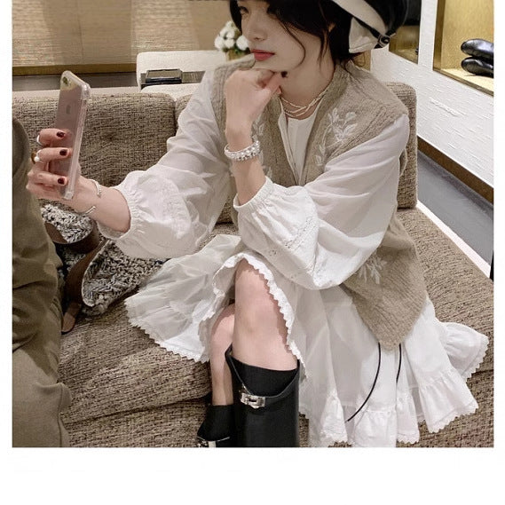 2025 Spring Clothing New Lyocell Tencel Cotton Lace Splicing Dress Women's Crew Neck Small White Dress Women's Clothing