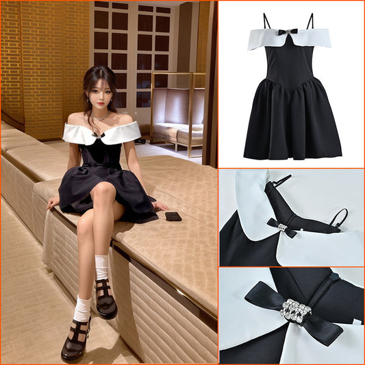 one-word shoulder tube top small black dress female niche design sense black temperament fairy fluffy dress L1005