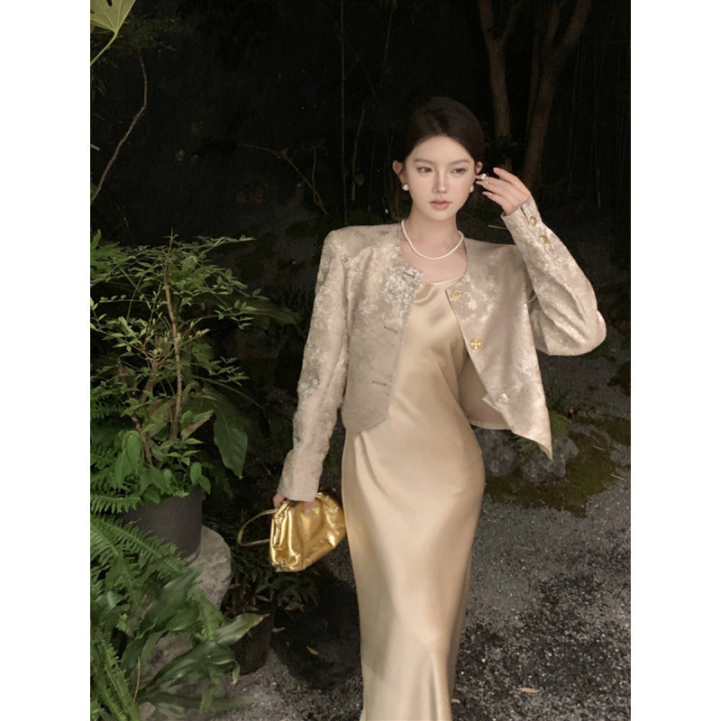 2025 Spring Maillard wears a jacquard fragrant coat + acetic acid satin thin suspender dress for women