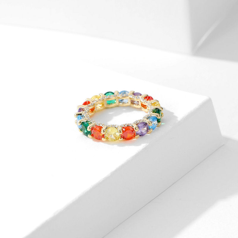 2025 New colorful copper inlaid zircon jewelry ring tide niche light luxury design high-end candy color rainbow ring
