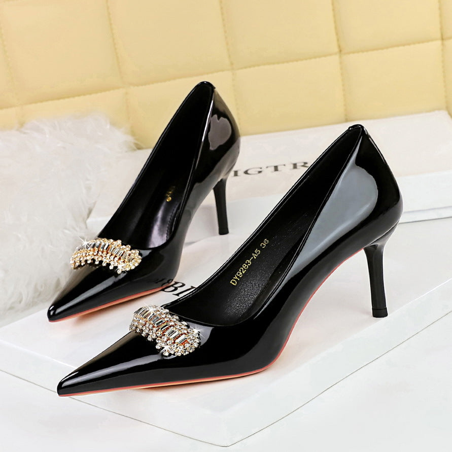 2025 9283-AK31  style light luxury women's shoes thin heel high heel shallow mouth pointed patent leather metal rhinestone decorative single shoes