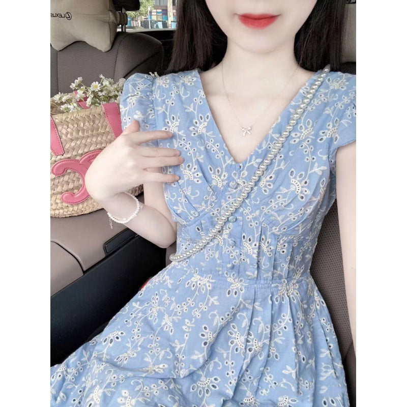 2025 High-end heavy industry embroidery blue Platycodon  dress women's summer new small waist and thin skirt