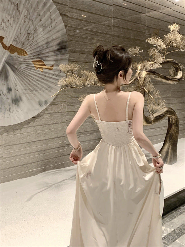 2025 Summer  coffee break tube top, ink suspender dress, women's gentle wind, retro temperament, high-end long skirt