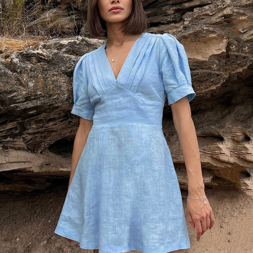 2025 popular summer fashionable versatile blue cotton and linen V-neck bubble sleeve commuter dress  casual commuter skirt