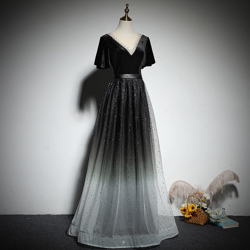 2025 Black evening dress dress female piano dress gradual change starry sky temperament choir conductor performance uniform banquet host
