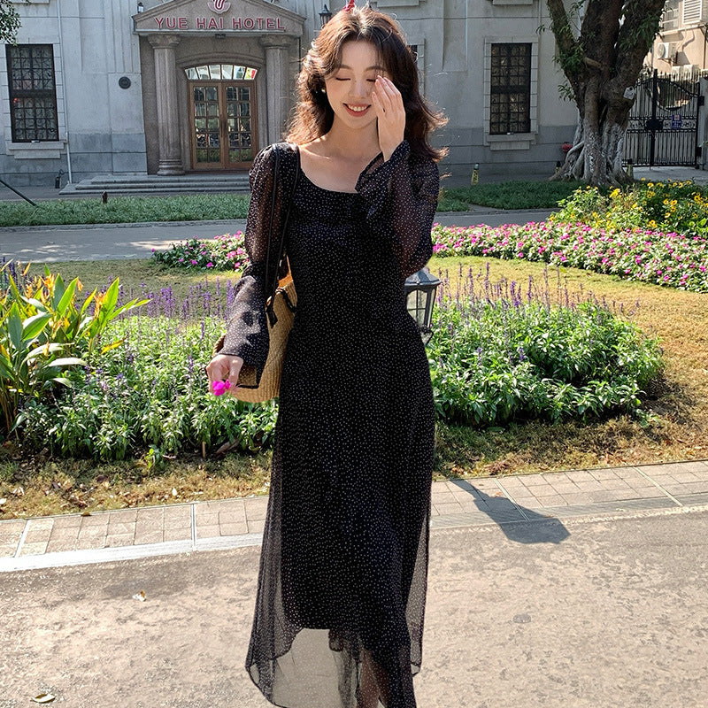 2025 Spring New Retro High Waist Long Sleeve Dress Sub-print Pure Desire Vacation Dress Women 88209