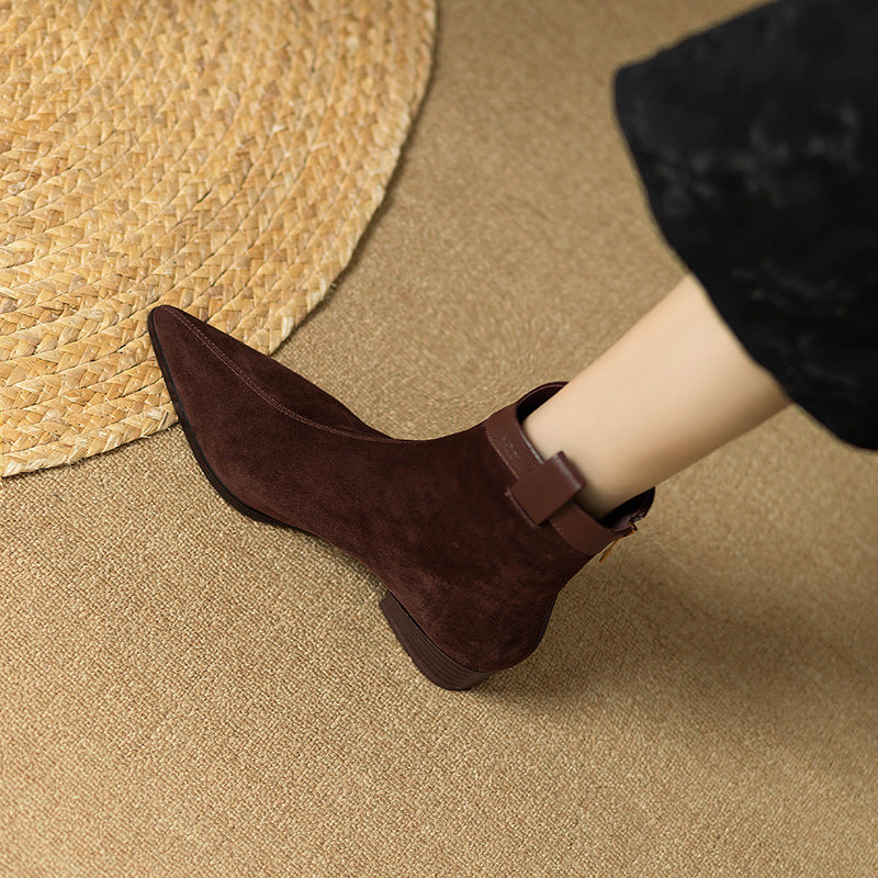 2025 Soft Vintage Western Cowboy Boots Women's Coarse Heel Short Boots Winter Frosted Pointed Chelsea Boots