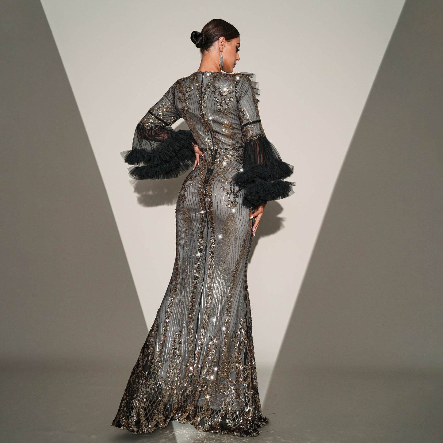 2025 large-size high-end temperament round neck long sequined banquet fishtail evening dress bridesmaid dress women