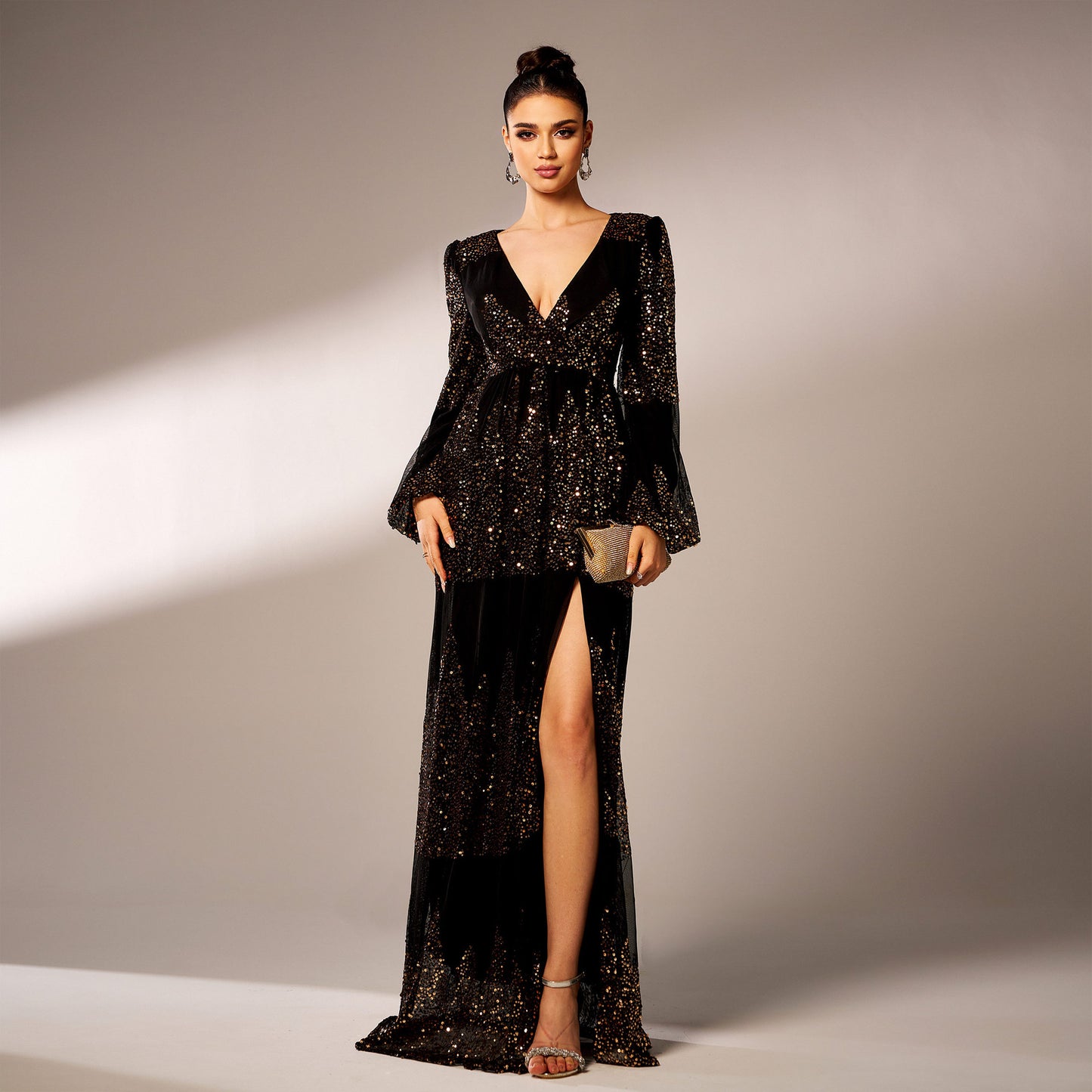 2025 high-end long-sleeved temperament V-neck sexy long sequined banquet evening dress bridesmaid dress women