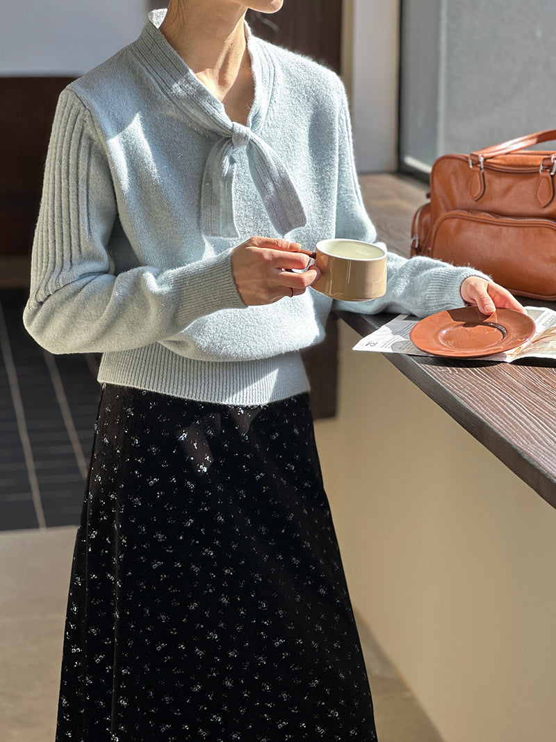 2025 popular autumn and winter new Korean version design sense neckline bow long sleeve inner knitted sweater 248702