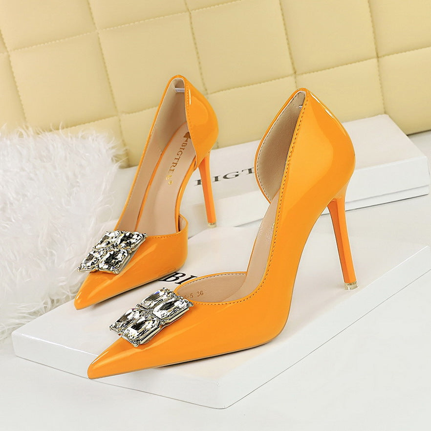 2025 638-K58  banquet women's shoes, super high heel, thin heel, patent leather, shallow mouth, pointed head, square rhinestone buckle, single shoes for women