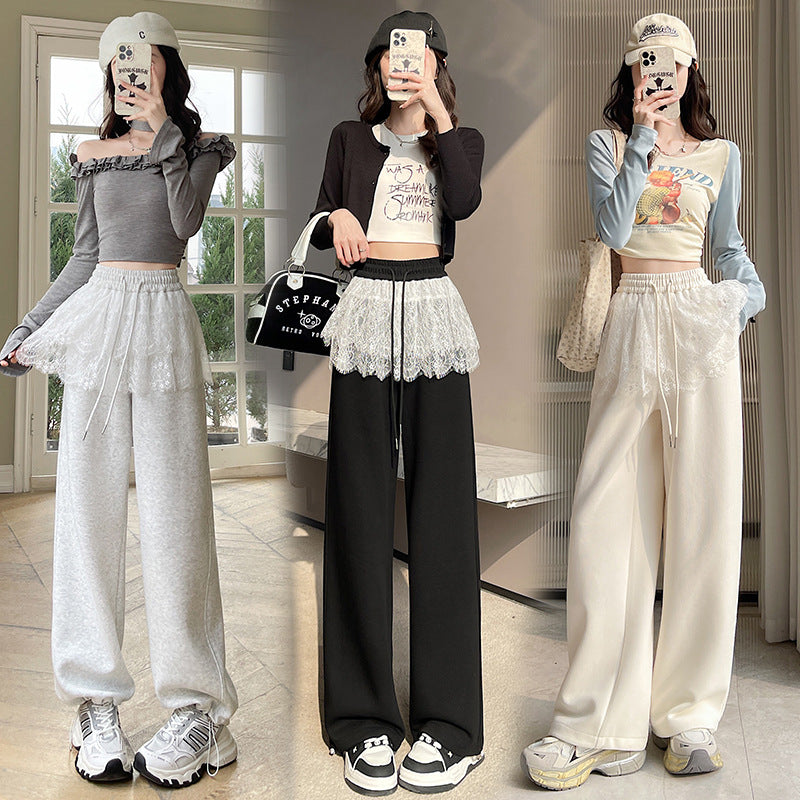 Ballet lace splicing wide-leg pants women's 2025 spring wear new two-wear Spice Girl straight versatile casual sweatpants