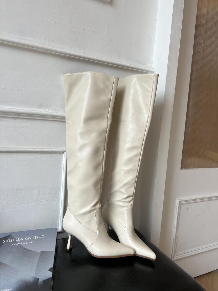 2025 Spice Girl Wide Boots popular New Big Tube Women's Boots Pointed Tips Thin Heels Skinny Pile Boots Large Size Over-the-Knee Boots