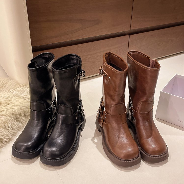 2025  Korean mid-tube boots women's popular new brown round head pleated mid-tube Martin boots