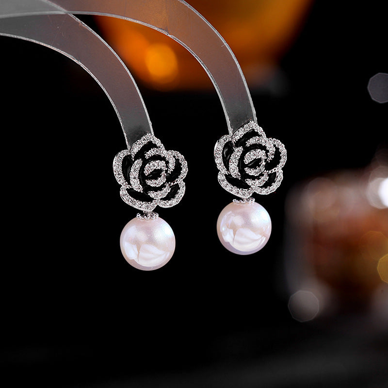 2025 S925 silver needle elegant temperament earrings wholesale black rose earrings zircon three-dimensional camellia pearl earrings
